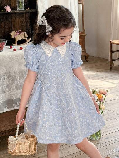 LMoss Kids Young Girl Woven Contrast Color Square Collar Puff Sleeve Casual Dress