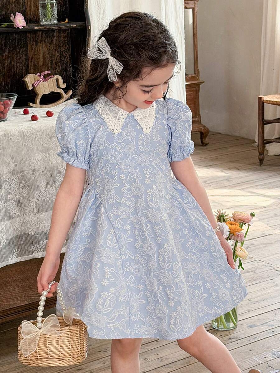 LMoss Kids Young Girl Woven Contrast Color Square Collar Puff Sleeve Casual Dress,Kids - Baby Blue - View 1