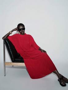 Lumivelle 女士中东风情休闲高领扭腰透视长裙 - 紅色 - 查看 6