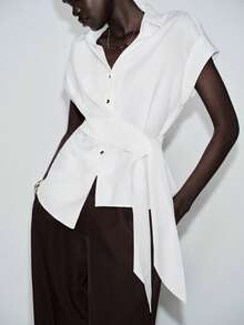 Lumivelle 女士时尚休闲通勤办公领带短袖衬衫，春夏款 - 白色 - 查看 1