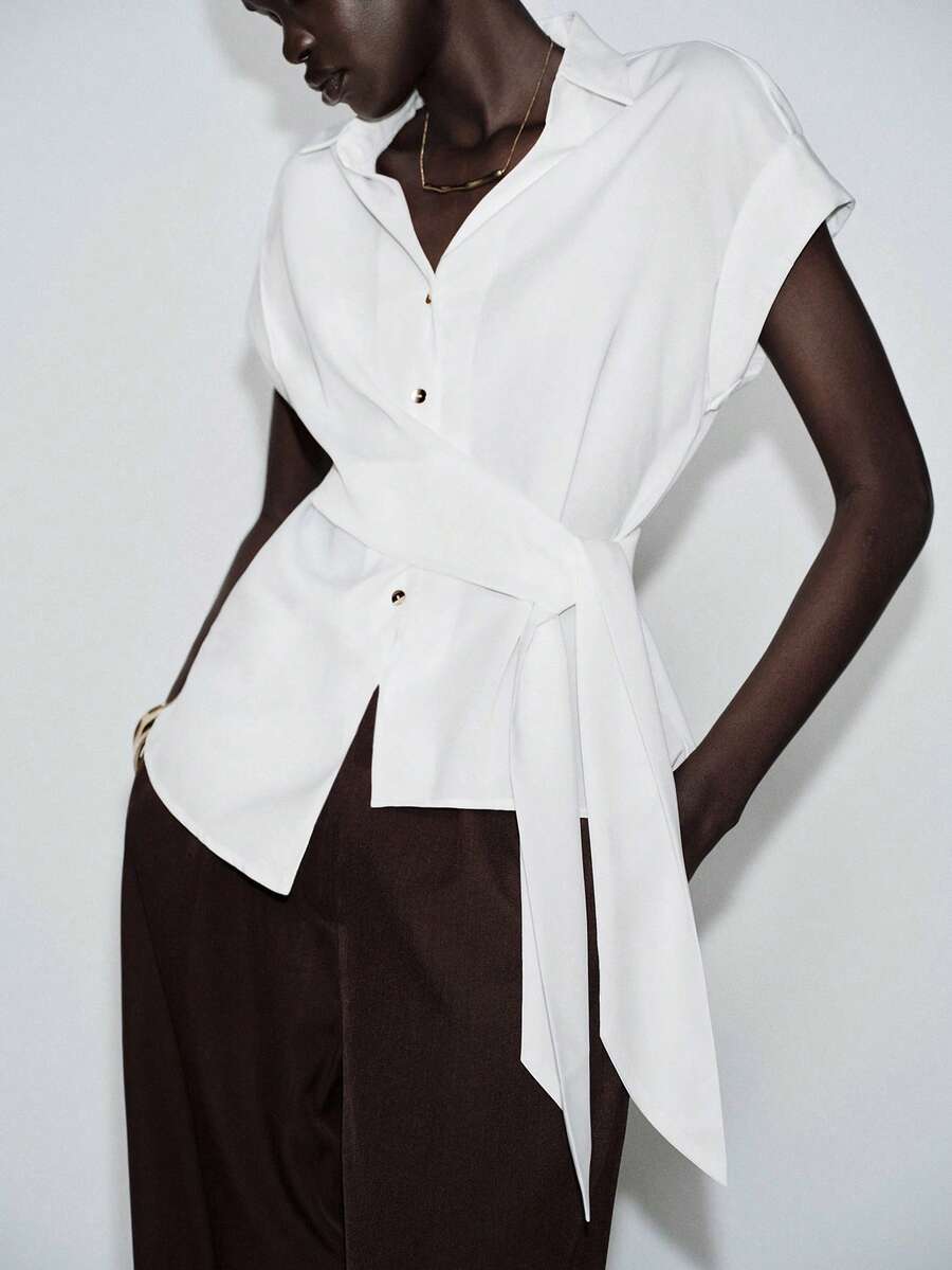 Lumivelle 女士时尚休闲通勤办公领带短袖衬衫，春夏款 - 白色 - 查看 1