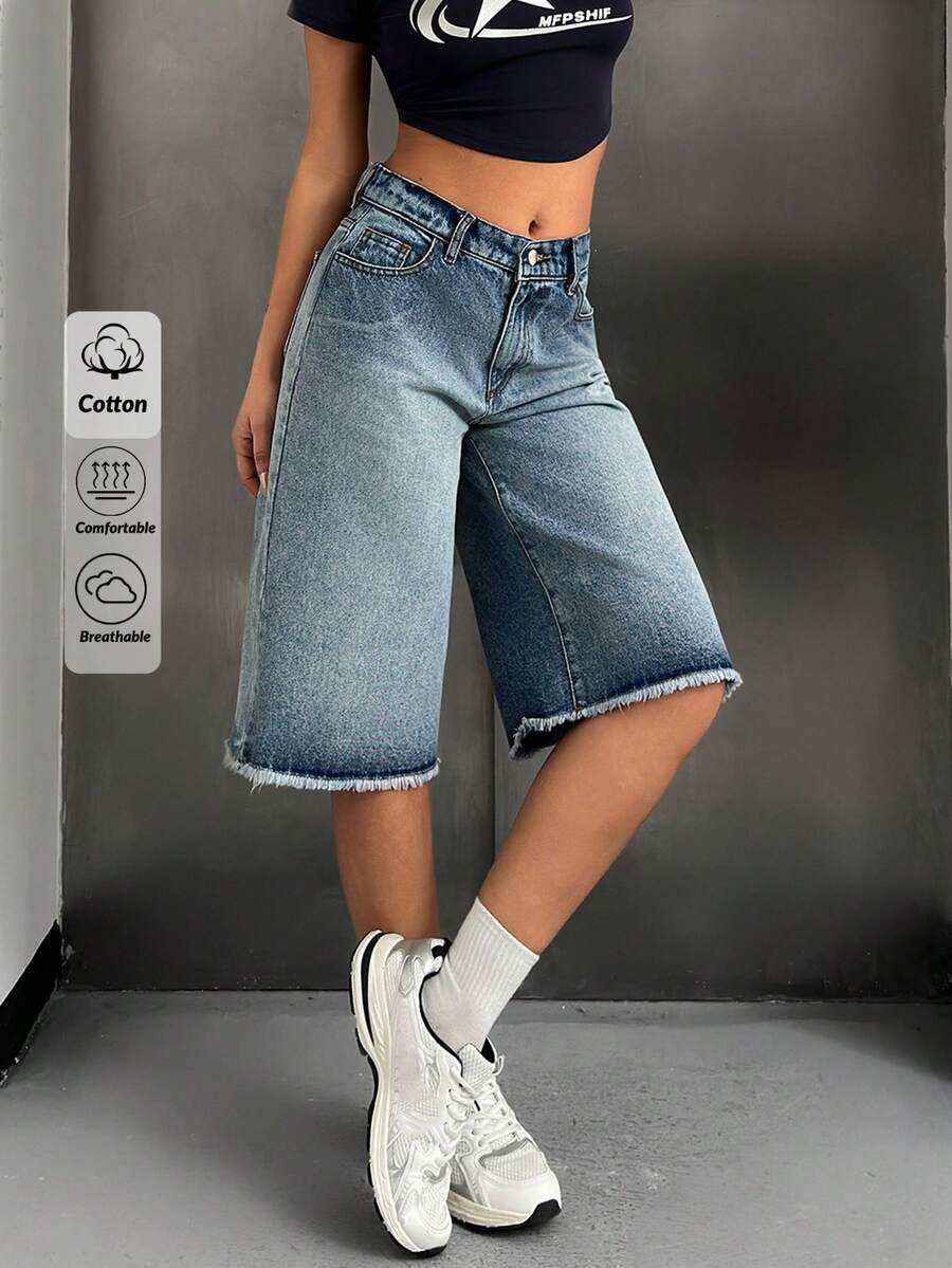 EURMUSE Quần short denim nữ ống rộng, dáng suông, có túi, đa năng, viền rách. - Rửa trung bình - Xem 1