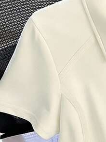 Resyla Half-Zip Polo Collar Short Sleeve T-Shirt, Pleated Shoulder, Waist Cinched, Cropped Top - White - View 5
