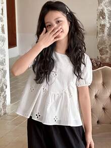 Dazy Kids Tween Girl Eyelet Embroidery Puff Sleeve Peplum Top - White - View 3