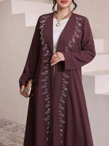 Al Najma Women's Purple Long Sleeve Beaded Elegant Arabic Abaya, Spring/SummerLong Purple Plain Abaya With Regular Sleeves And Delicate EmbroideryLong Purple Plain Abaya With Regular Sleeves And Delicate Embroidery Plum Rhinestone Leaf Embellished Open Elegant Open Front & Maxi Length Silhouette Spring Break Modest Glam Outfit Garden Party Modest Maxi Premium Smooth Crepe Fabric Modest Glam & Feminine Aesthetic Timeless Islamic Fashion Staple - Purple - View 7