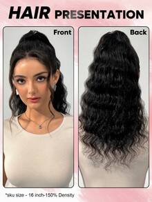 QUICK WEAR 16英寸真人发马尾辫，夹式马尾辫，长款波浪卷马尾辫，自然黑色，100%真人发接发，马尾辫接发