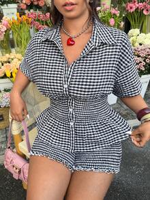 GalTyme 大码女式格子领单排扣短袖衬衫上衣和短裤休闲日常穿搭 - 黑與白 - 查看 7