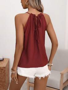Wandoria 女士春夏优雅时尚奢华简约高端休闲波西米亚风度假/通勤复古风舒适纯色亚麻质感面料褶皱领口串珠装饰A字吊带系带吊带背心 - 酒紅色 - 查看 2