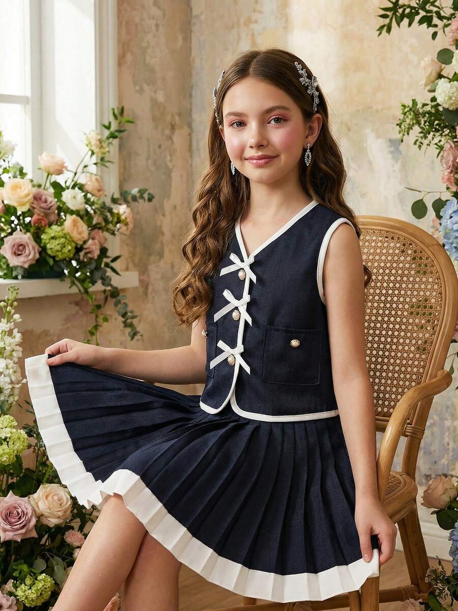 SHEIN Bộ trang phục mùa hè thanh lịch dành cho bé gái: Áo cardigan không tay thắt nơ và chân váy xếp ly. - Màu xanh lam - Xem 1