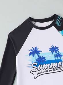 8-12岁男童棕榈叶印花长袖吊带泳衣套装，含泳帽，学生沙滩冲浪泳装，时尚泳衣套装 - 彩色 - 查看 4