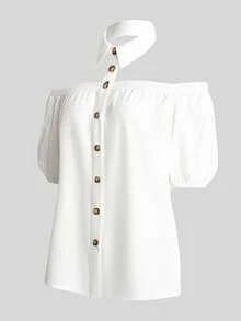 EMERY ROSE Women's Fashion Off-Shoulder Collar Placket Splice Elastic Gathered Puff Sleeve Romantic Elegant Casual Commute Date Party Dining Blouse, Spring/Summer - White - View 3