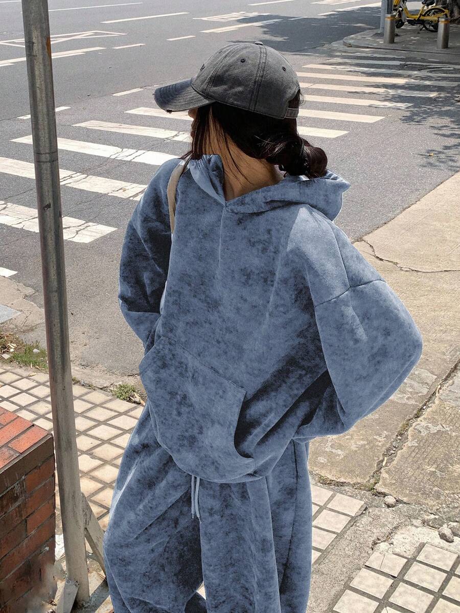 DAZY 2件套 女式连帽休闲韩版卫衣和宽松运动裤 - 藍色 - 查看 1