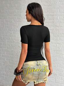 Jeanoix Women's Retro Sexy Y2K Style Fitted T-Shirt - Black - View 2