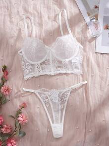 2pcs Embroidered Mesh Patchwork White Bridal Lingerie Set - White - View 3