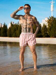 Manfinity Swimmode Men's Casual Striped Print Drawstring Beach Shorts - Multicolor - View 5