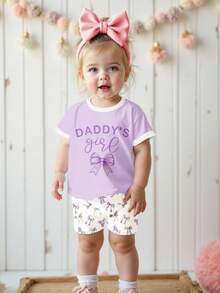 SHEIN LMoss Kids 女婴休闲简约圆领宽松短袖T恤和紧身骑行短裤套装，适合春夏穿着 - 彩色 - 查看 3
