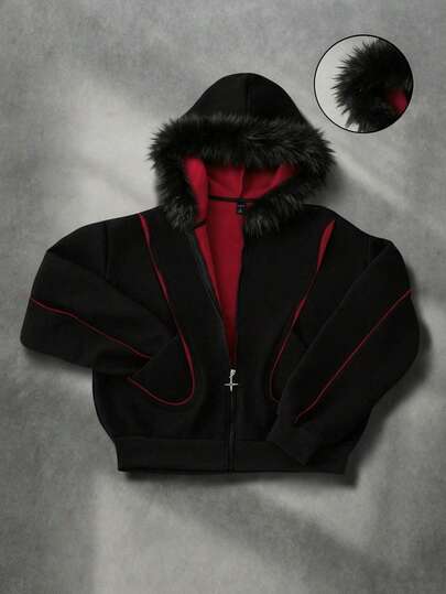 Men's Retro Color Block Patchwork Hoodie With Fur Collar