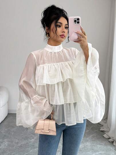 Elenzga Women's Elegant Fashion Commuter Casual Comfortable Charming Retro Romantic Holiday Gentle Lady Long Sleeve Ruffle Collar Loose Ruffle Decor Design Solid Color Blouse