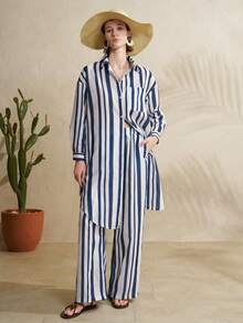 Airaco 女士条纹长衬衫和阔腿裤套装 - 藍色 - 查看 1