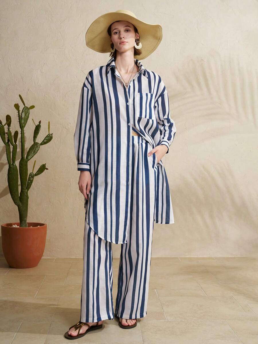Airaco 女士条纹长衬衫和阔腿裤套装 - 藍色 - 查看 1
