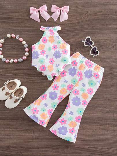 SHEIN This 2-Piece Baby Girl Set Features A Stylish And Sweet Valentine's Day Heart-Patterned Knit Halter Top And Flared Pants. It's Suitable For Birthday Parties, Evening Parties, Performances, Weddings, Baptisms, Opening Ceremonies, Everyday Wear, School, Outings, And Spring/Summer. Butterfly Festival Baby Girl Outfit Multi Colored Toddler Outfit For Girls Unicorn Color Outfit Baby Girl Princess Casual Pant Sets Pastel Floral Outfit Baby Girl