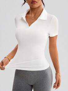 With My Calm Women's Basic Polo Shirt With Collar And V-Neck, Suitable For Sports, Yoga, Outdoor Fitness - White - View 3