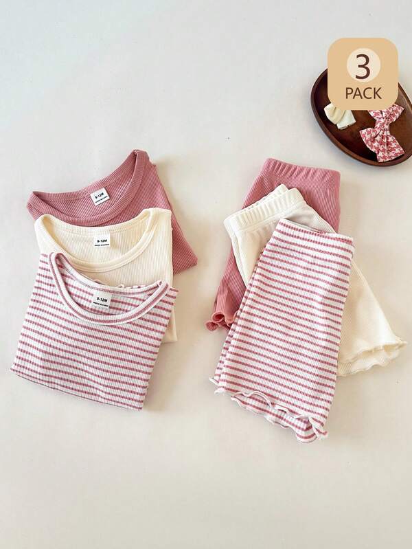 SHEIN 6pcs Baby Girl Casual Everyday Striped Apricot, White, Pink Crew Neck Short Sleeve Top And Elastic Waist Shorts Set, Comfortable For Outdoor Play Or Home, Versatile For Spring/Summer