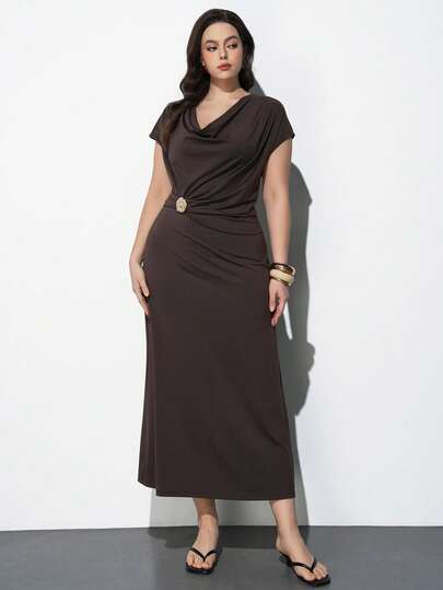 Maija Plus Size 2026 New Spring/Summer Brown Dress, Comfortable Fabric, Romantic Valentine's Day, Twist Design, Waist Cinched Asymmetric Office Wear, Women's Business Casual, Urban Chic, Elegant Tea Party & Party Dress, Loose Casual Daily Wear