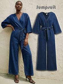 Maija Dark Blue Denim Jumpsuit With V-Neck, Three-Quarter Sleeves, And A Bow Belt.Casual Jumpsuit - Dark Wash - View 2