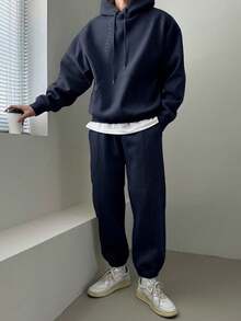 DAZY 男士纯色海军蓝厚款卫衣套装，秋冬