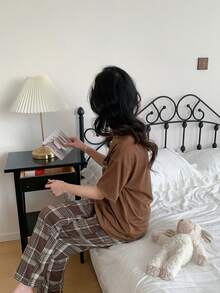 2件套少女休闲宽松落肩短袖上衣和复古格子裤家居服套装 - 咖啡棕 - 查看 7