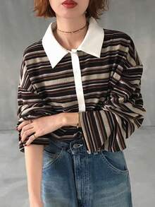 FRIFUL Áo thun nữ cổ polo phối màu tương phản dáng rộng kẻ sọc - Nhiều màu - Xem 5