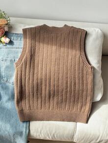 SHEIN 青少年女孩V領刺繡針織背心，柔軟舒適棕色秋季休閒週日返校上衣，適合青少年女孩戶外玩耍穿著 - 卡其色 - 查看 2