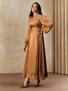 Anewsta 女士新款珍珠泡泡腰修身闪亮优雅休闲连衣裙，适合派对、舞会、圣诞节、新年、秋冬季等场合。 - 摩卡棕 - 查看 5