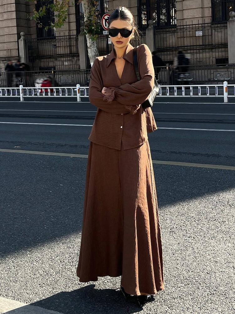 Women's Solid Color Long Sleeve Single-Breasted Shirt And Midi Skirt Casual 2-Piece Set