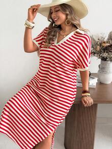 Ceyna 大码条纹针织休闲度假迷你连衣裙，春夏女士度假连衣裙，夏季钩针连衣裙，钩针罩衫连衣裙，带袖夏季连衣裙，夏季休闲连衣裙，条纹图案连衣裙，夏季条纹连衣裙，红色条纹连衣裙，针织条纹连衣裙，休闲夏季连衣裙，女士假日连衣裙，女士度假套装，条纹连衣裙，女士红白连衣裙 - 紅色 - 查看 9