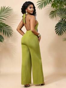 Lureya Women's Fashion Sexy Front Hollow Lace-Up Backless Jumpsuit, Straight Leg Wide Leg Pants, Suitable For Evening Gala, Party