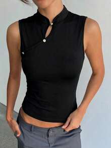 Aloruh Áo tank top cổ sườn xám kiểu Trung Quốc cổ điển dành cho nữ, màu đen, kiểu áo chui đầu thoải mái, thích hợp cho kỳ nghỉ, du lịch, áo nữ thanh lịch, áo mặc hàng ngày đi làm. Áo không tay màu đen, áo cổ cao, áo hè màu đen. - màu đen - Xem 5