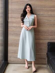 DAZY 女士优雅纯色仿口袋背心半裙两件套，春夏婚礼宾客礼服 - 藍色 - 查看 6