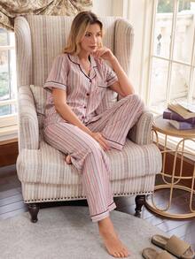 SHEIN Doze Lane Striped Collar Short Sleeve Pajama Set - Pink - View 3