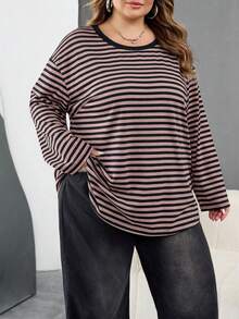 SHEIN CURVE+ 大码休闲落肩宽松条纹T恤，适合秋冬季女性穿着 - 彩色 - 查看 5