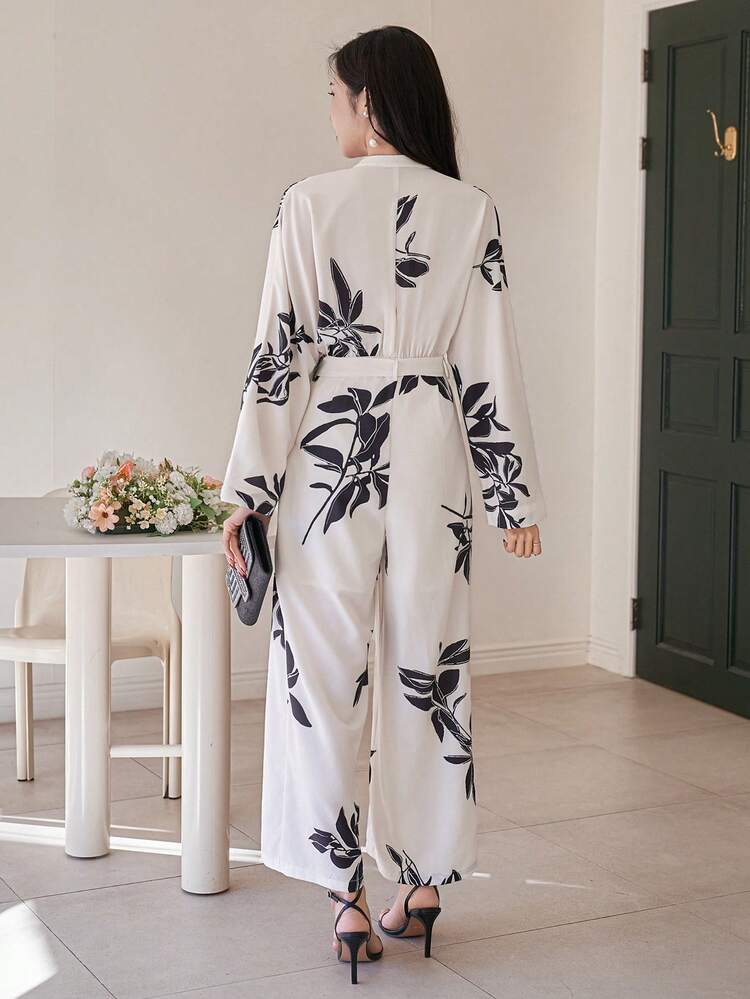Women's Elegant Floral Print Jumpsuit With Waist Belt, Spring/Summer, Wedding Guest Dress Women Jumpsuit
