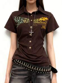 Lalippa Women's Casual Slogan Print Button Front T-Shirt, Summer - Brown - View 3