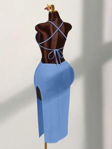 Amplova Shell Metal Decor High Slit Women Dress - Baby Blue - View 2