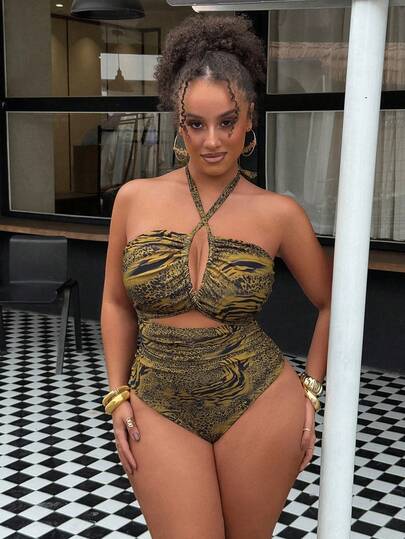 Slaydiva Plus Size Women's Sexy Halter Zebra Print Hollow Out One-Piece Swimsuit