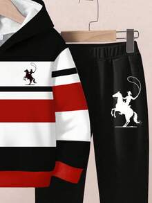 2pcs/Set Boys Casual Loose Graphic Hoodie & Sweatpants Set, Rider Print Colorblock Pullover Outfit, Suitable For Autumn/Winter - Multicolor - View 5