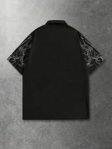 ROMWE MEN Goth Men's Short Sleeve Cross & Skull Print Single-Breasted Casual Shirt - Black - View 2