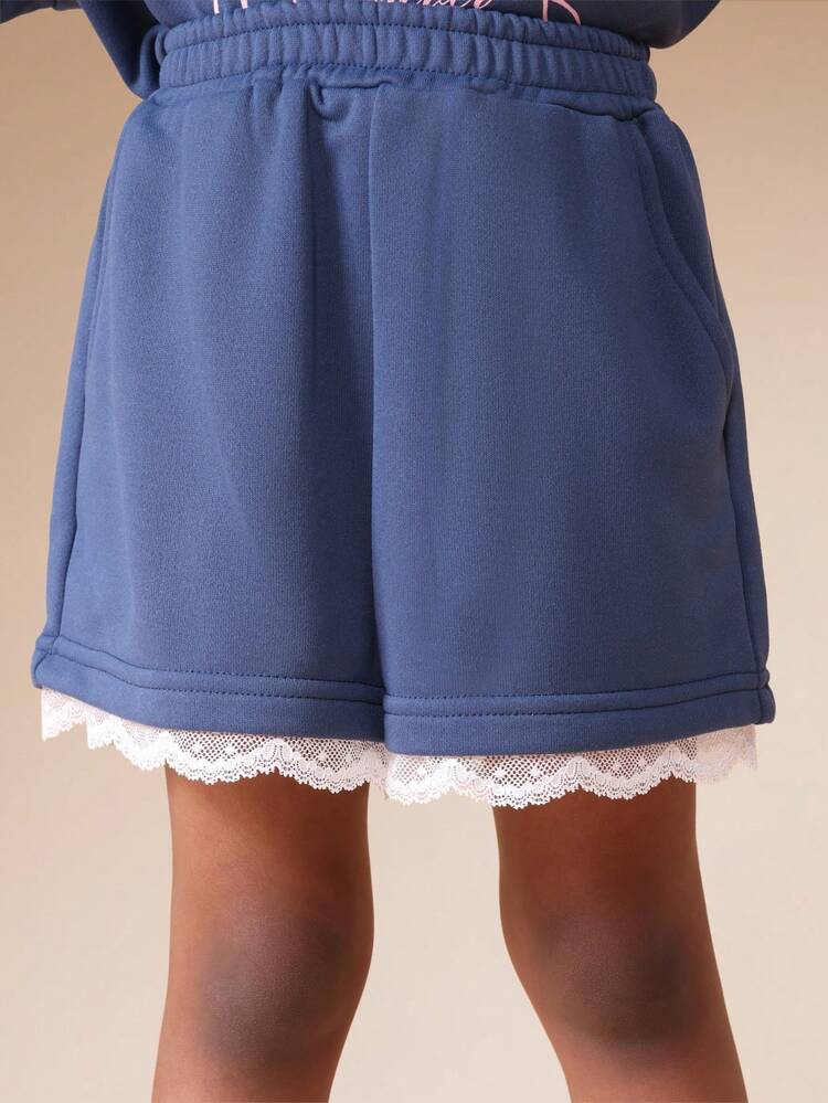 Lace Trim Sweatshirt And Shorts Set With Bow Print