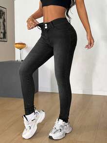 SHEIN PETITE PETITE Summer And Spring Women's Slim Fit High Stretch Casual Going Out Black Jeans - Black - View 7
