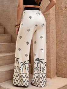 EURMUSE Women Summer Printed Detailed Wide Leg Pants - Black and White - View 2